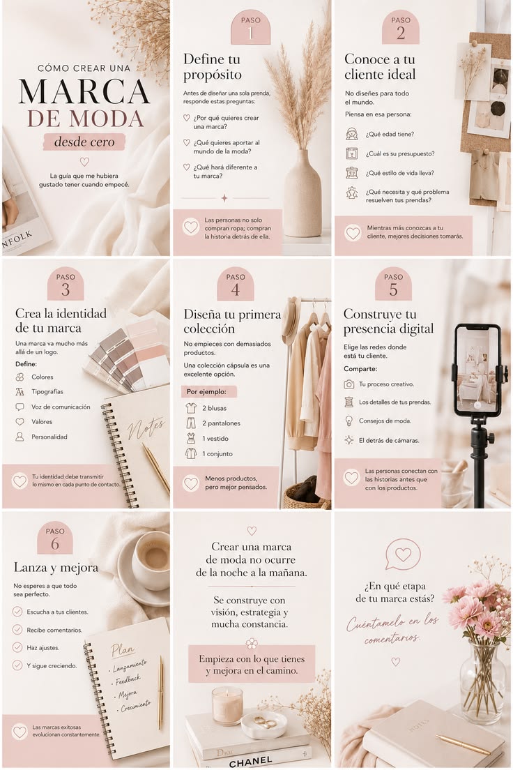 Carrusel de Instagram diseñado por JP Marketing Digital: Cómo crear una marca de moda desde cero, en tonos rosa y crema